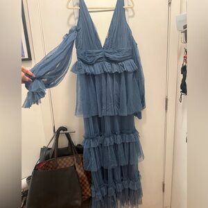 Chic One-Shoulder Blue Ruffled Dress